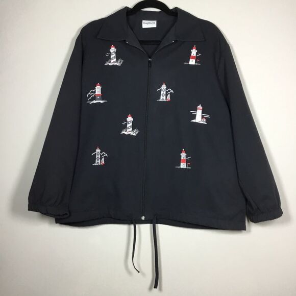 Black jacket with embroidered lighthouses drawstring waist zipper front size L - Picture 1 of 9